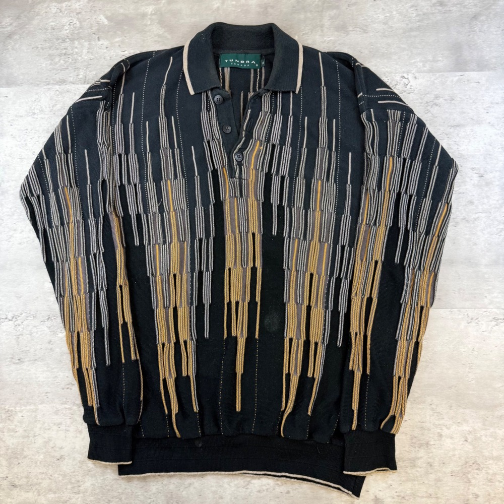 Vintage Tundra Canada 3D Knit Polo Sweater‎ Mens XL Black Mustard